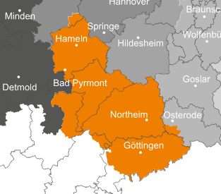 Ansprechpartner Karte, auf der die Regionen Hameln, Bad Pyrmont, Northeim und Göttingen orange markiert und die umliegenden Gebiete beschriftet sind, zeigt einen Teil Mitteldeutschlands.