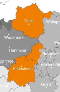 Ansprechpartner Karte, die die Regionen Celle und Hildesheim in Niedersachsen, Deutschland, orange markiert. Die umliegenden Regionen sind in grau dargestellt und die nahegelegenen Städte Hannover und Braunschweig sind eingezeichnet.