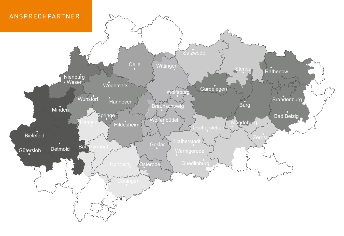 Über uns bei ATLAS HANNOVER Eine Graustufenkarte zeigt Regionen in Mitteldeutschland, wobei einige Gebiete in dunkleren Tönen gehalten sind. Ein orangefarbenes Rechteck in der oberen linken Ecke enthält das Wort ANSPRECHPARTNER. Regionalnamen wie Bielefeld und Detmold sind beschriftet.