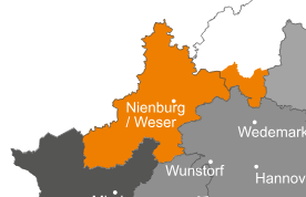 Ansprechpartner Die Karte zeigt die Region Nienburg/Weser in orange und die umliegenden Gebiete in grau. Die Karte enthält beschriftete Orte wie Wunstorf, Wedemark und Hannover.