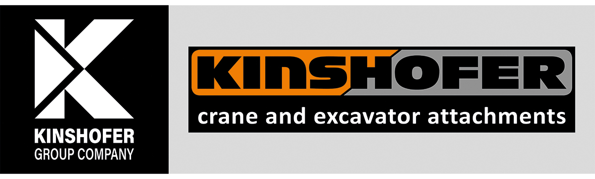 Kinshofer-Logo mit einem großen stilisierten K auf der linken Seite und dem Text Kinshofer Kran- und Baggeranbaugeräte auf der rechten Seite, mit KIN in Orange und dem Rest in Schwarz und Grau.