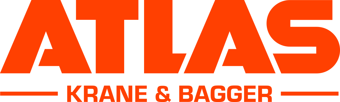 Orangefarbenes Logo mit fettgedrucktem Text in Großbuchstaben ATLAS über dem kleineren Text KRANE & BAGGER, alles in Großbuchstaben. Von beiden Seiten des unteren Textes verlaufen horizontale Linien.