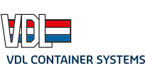 Logo von VDL Container Systems mit den weiß umrandeten Buchstaben VDL und den Farben der niederländischen Flagge (rot, weiß, blau) innerhalb der Buchstaben, darunter der Firmenname in blauer Schrift.